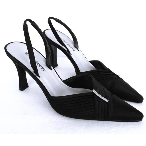 KAREN SCOTT Black Satin Pointed Toe Sling Back Heels w/ Rhinestone Detail Sz 7 - Picture 2 of 10
